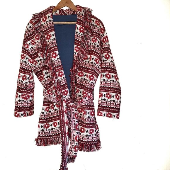 Zara Jacquard Tribal Navajo Aztec Southwest Knit Fringe Coat Red Black Med. - Picture 1 of 12